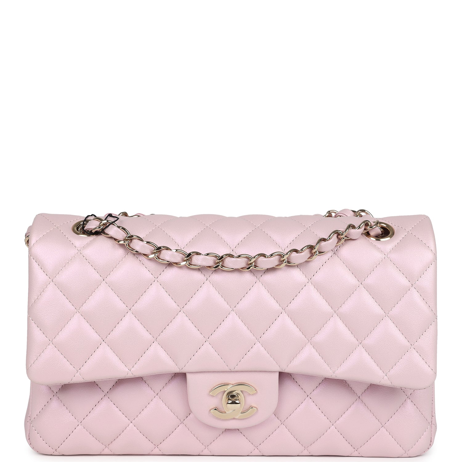 Chanel Medium Classic Double Flap Bag Pink Iridescent Lambskin Light Gold Hardware