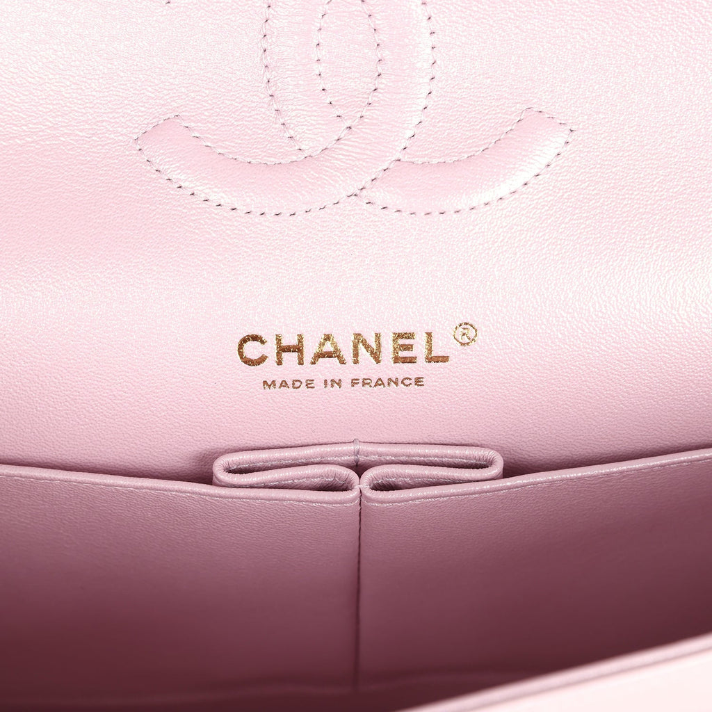 Chanel Medium Classic Double Flap Bag Pink Iridescent Lambskin Light Gold Hardware