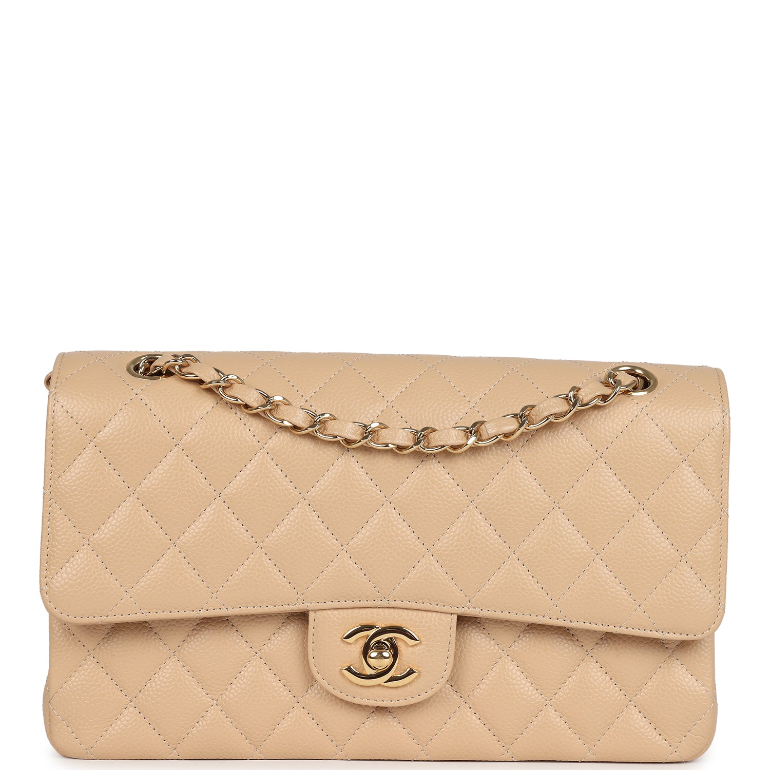 Chanel Medium Classic Double Flap Beige Caviar Gold Hardware