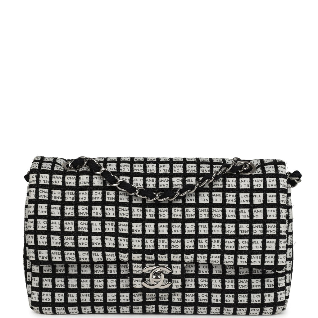 Chanel Medium Logo Ribbon Classic Double Flap Bag White and Black Canvas and Tweed Silver Hardware