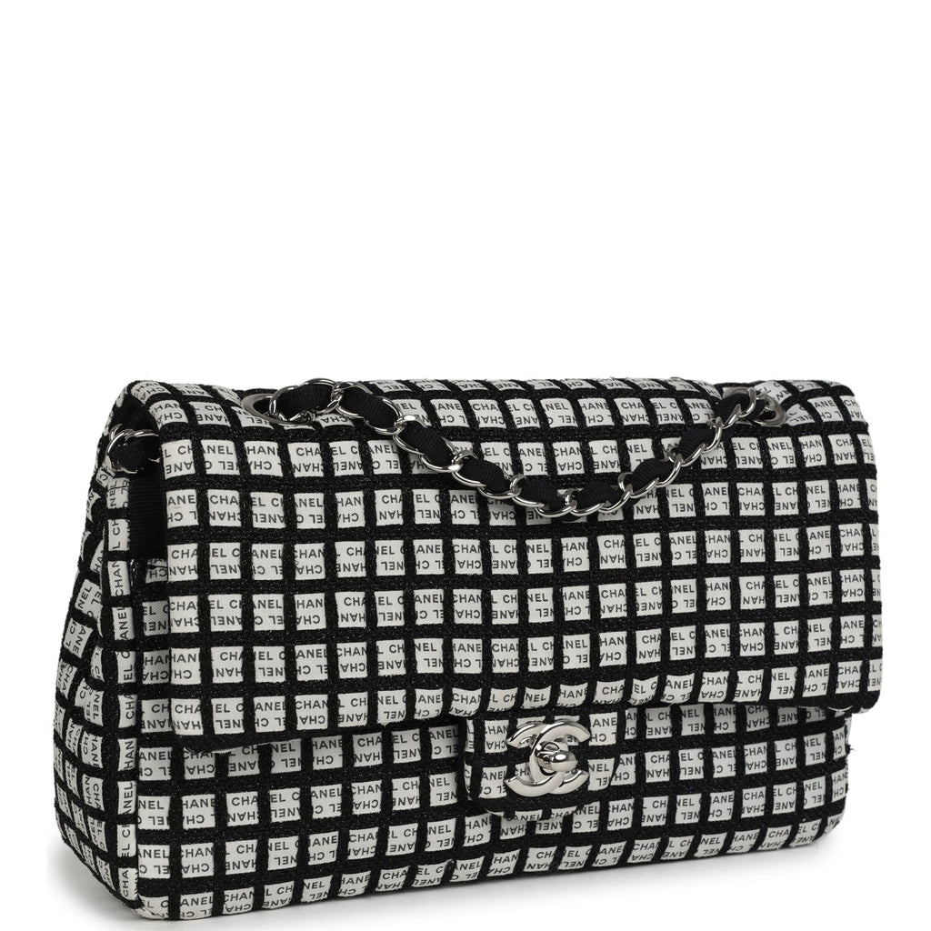Chanel Medium Logo Ribbon Classic Double Flap Bag White and Black Canvas and Tweed Silver Hardware