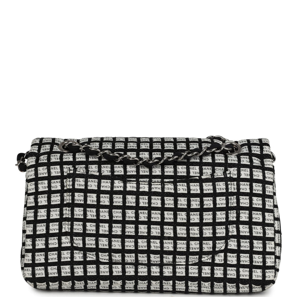 Chanel Medium Logo Ribbon Classic Double Flap Bag White and Black Canvas and Tweed Silver Hardware