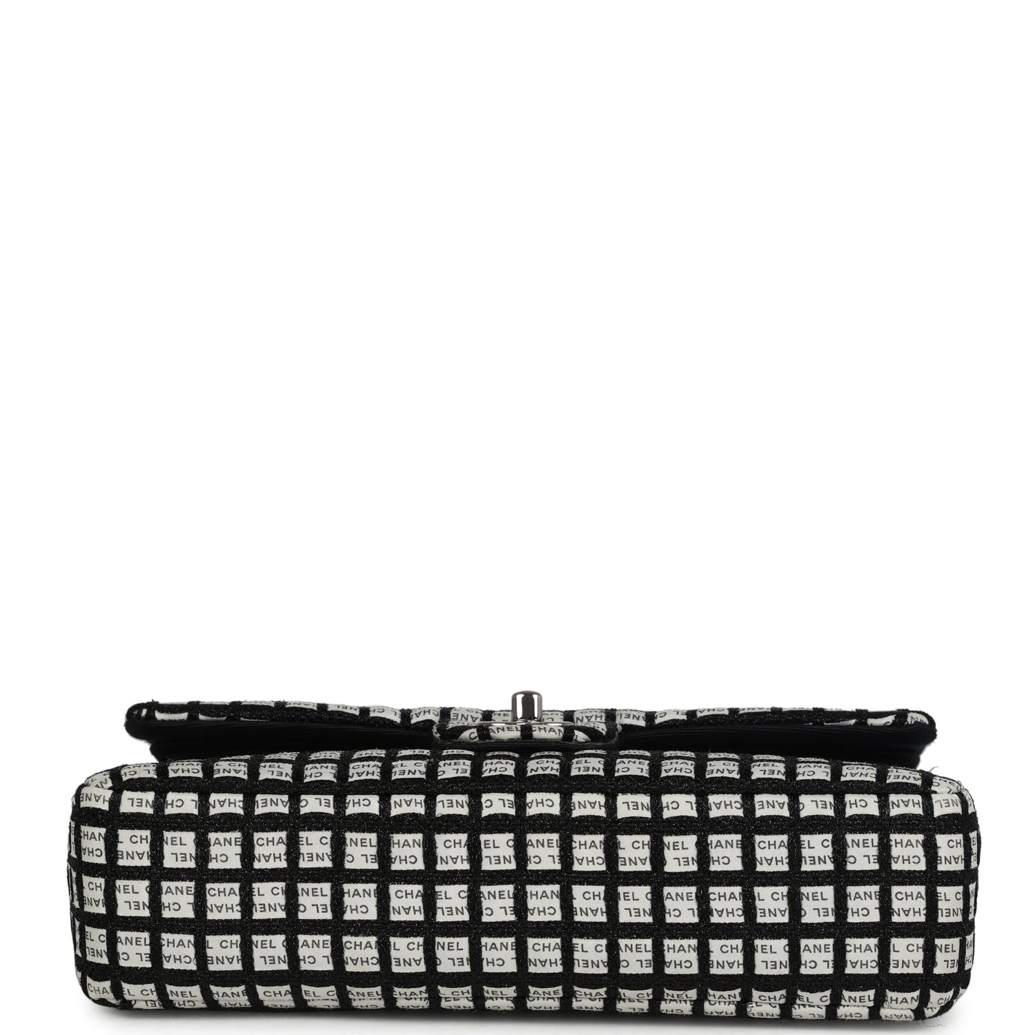 Chanel Medium Logo Ribbon Classic Double Flap Bag White and Black Canvas and Tweed Silver Hardware
