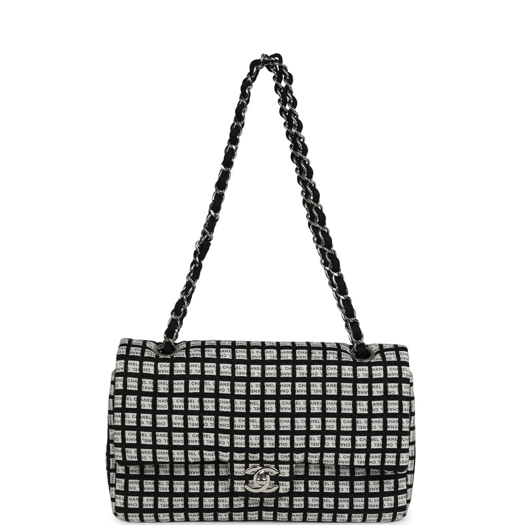 Chanel Medium Logo Ribbon Classic Double Flap Bag White and Black Canvas and Tweed Silver Hardware