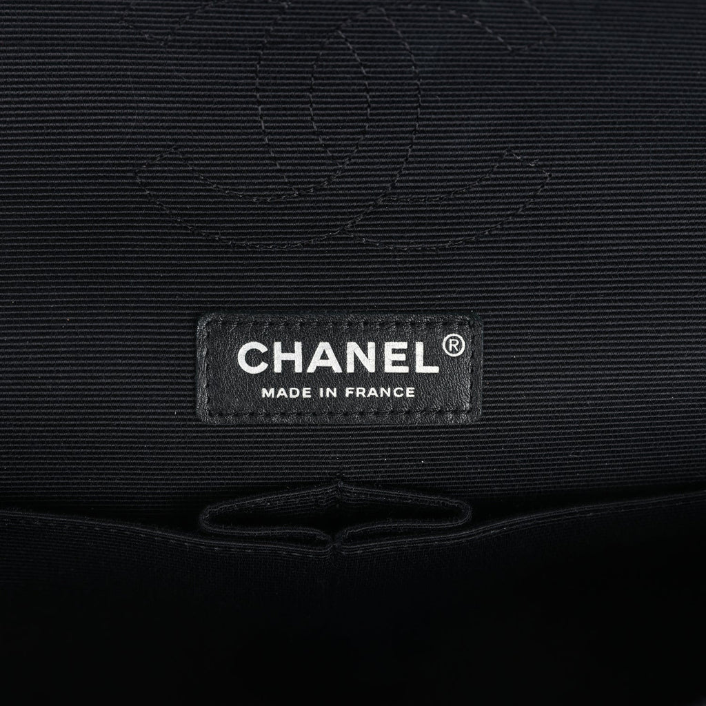 Chanel Medium Logo Ribbon Classic Double Flap Bag White and Black Canvas and Tweed Silver Hardware