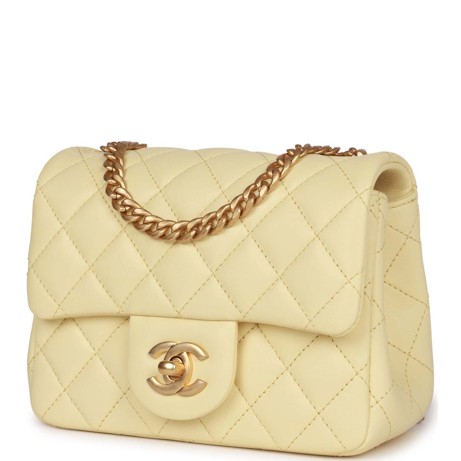 Chanel Camellia Crush Mini Square Flap Yellow Lambskin Antique Gold Hardware