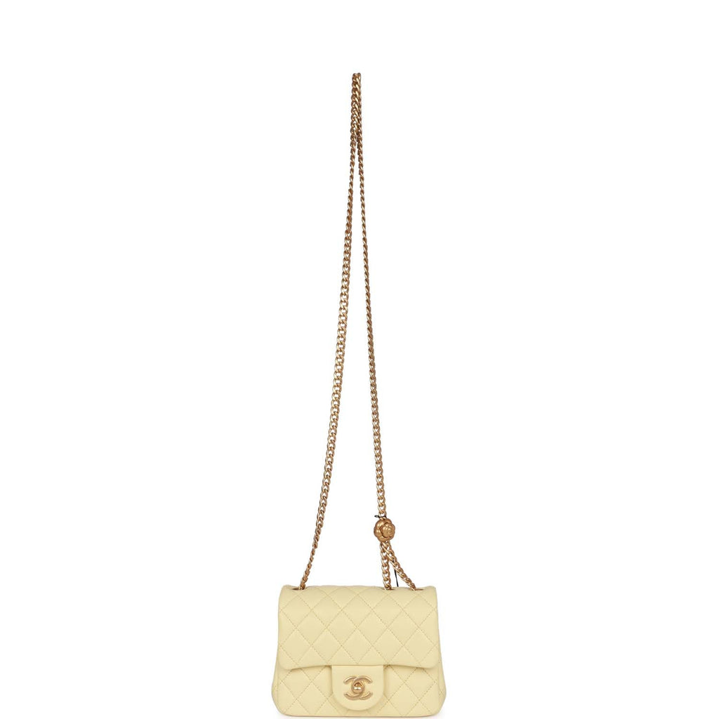 Chanel Camellia Crush Mini Square Flap Yellow Lambskin Antique Gold Hardware