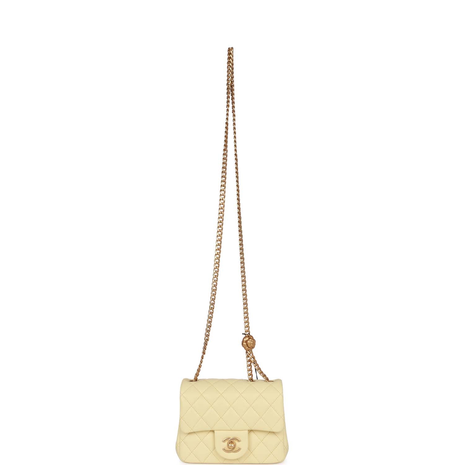 Chanel Camellia Crush Mini Square Flap Yellow Lambskin Antique Gold Hardware