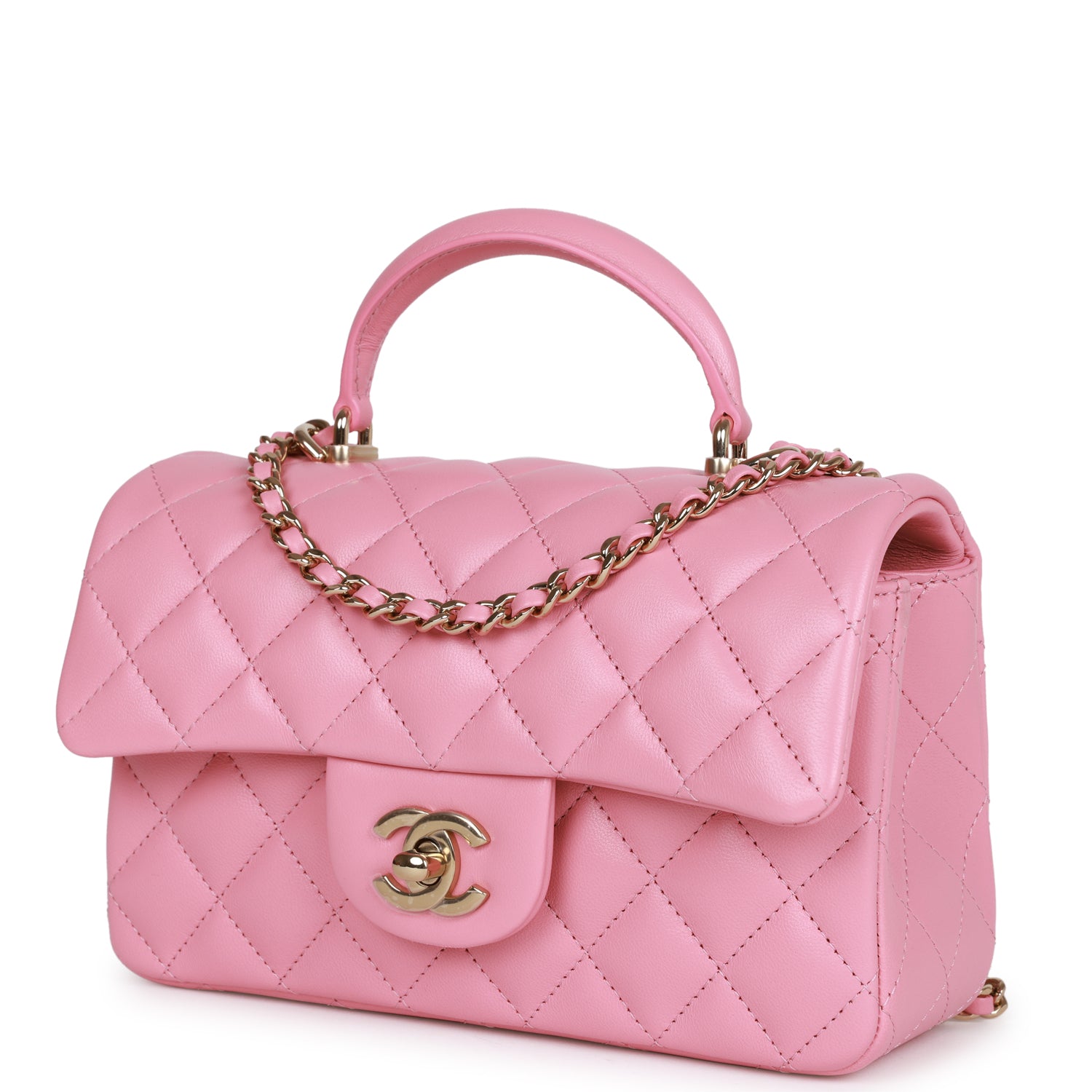 Chanel Mini Rectangular Flapbag with Top Handle Pink Lambskin Light Gold Hardware