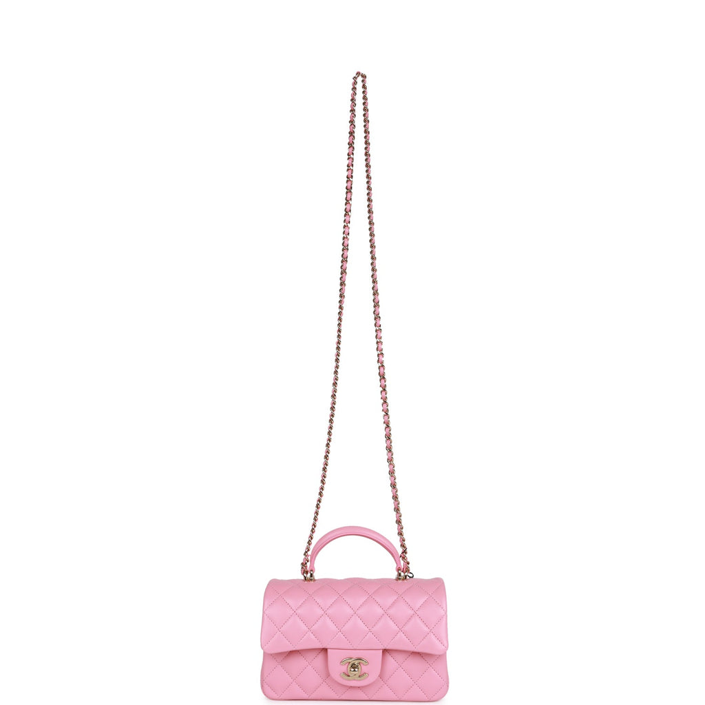 Chanel Mini Rectangular Flapbag with Top Handle Pink Lambskin Light Gold Hardware