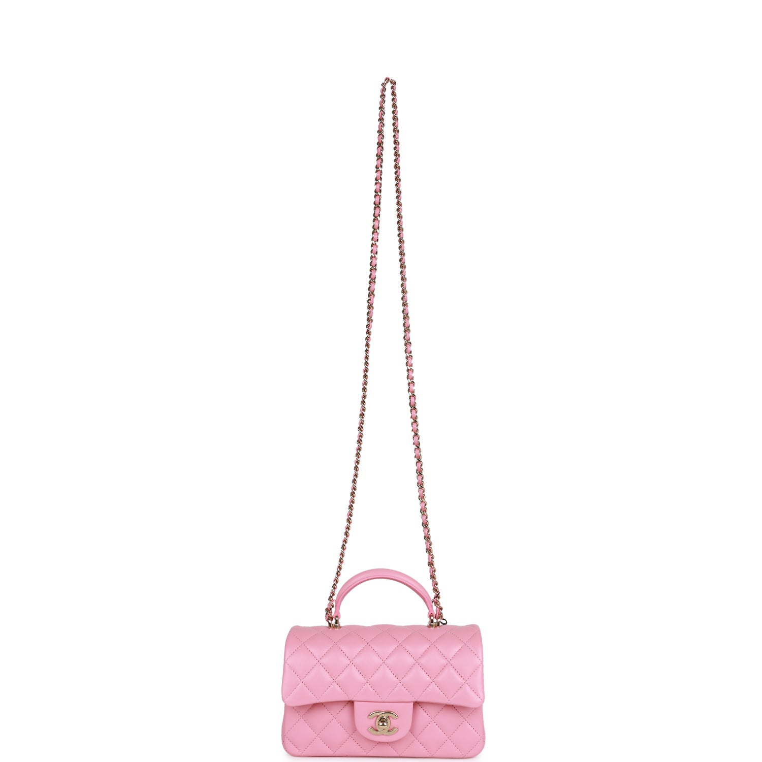 Chanel Mini Rectangular Flapbag with Top Handle Pink Lambskin Light Gold Hardware