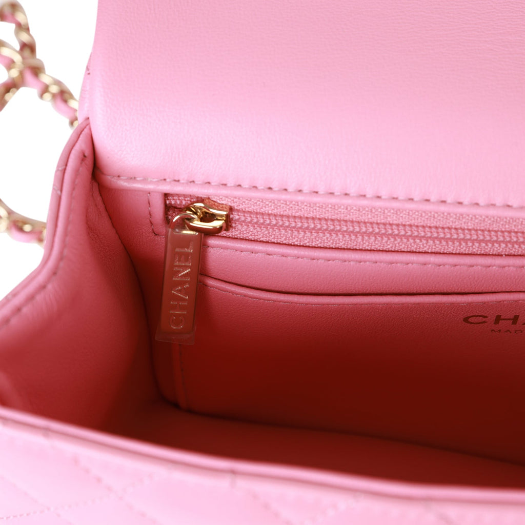 Chanel Mini Rectangular Flapbag with Top Handle Pink Lambskin Light Gold Hardware