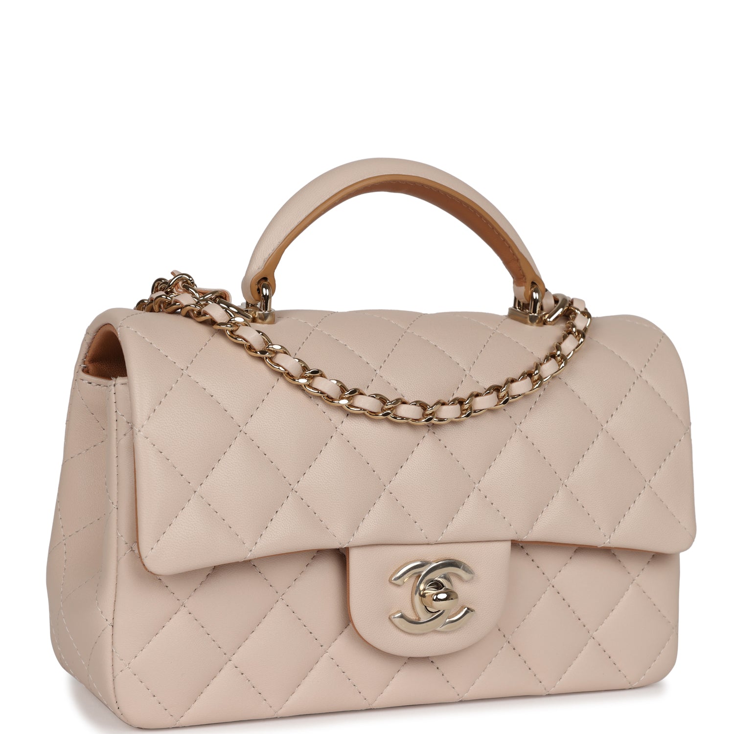 Chanel Mini Rectangular Flap with Top Handle Beige Lambskin Light Gold Hardware