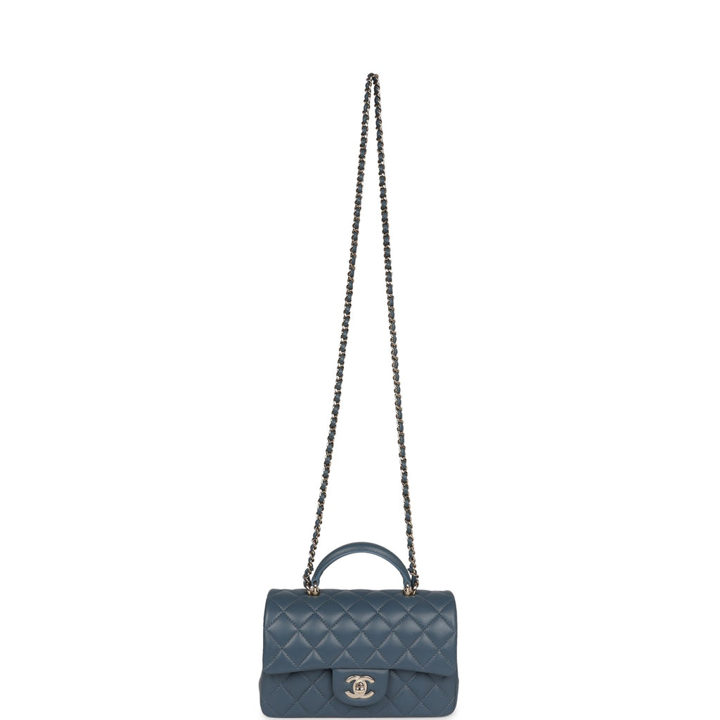 Chanel Mini Rectangular Flap with Top Handle Blue Lambskin Light Gold Hardware