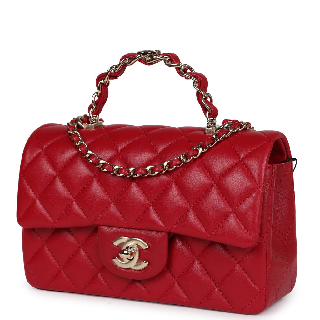 Chanel Mini Rectangular Flap Bag with Interwoven Top Handle Red Lambskin Light Gold Hardware
