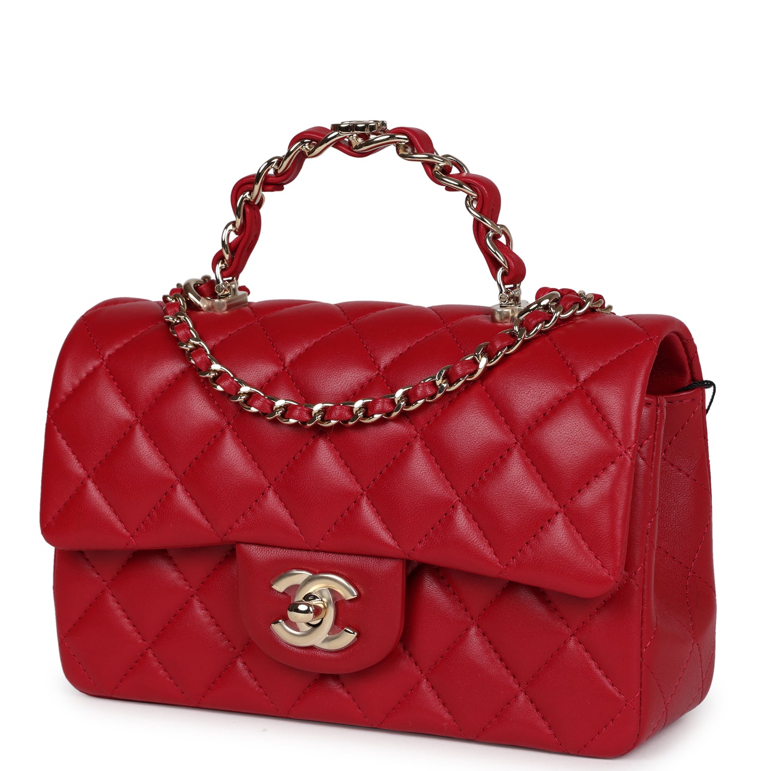 Chanel Mini Rectangular Flap Bag with Interwoven Top Handle Red Lambskin Light Gold Hardware