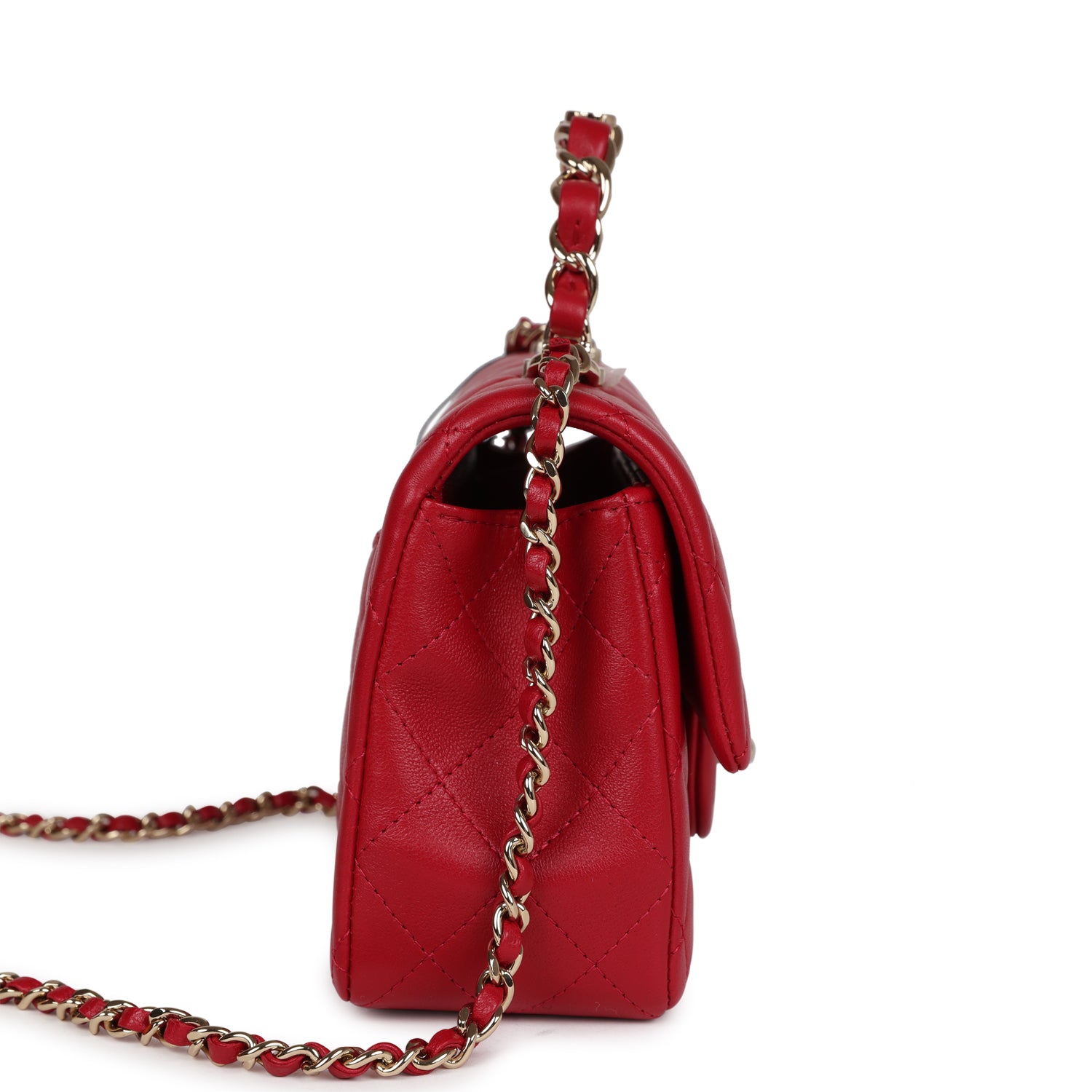 Chanel Mini Rectangular Flap Bag with Interwoven Top Handle Red Lambskin Light Gold Hardware