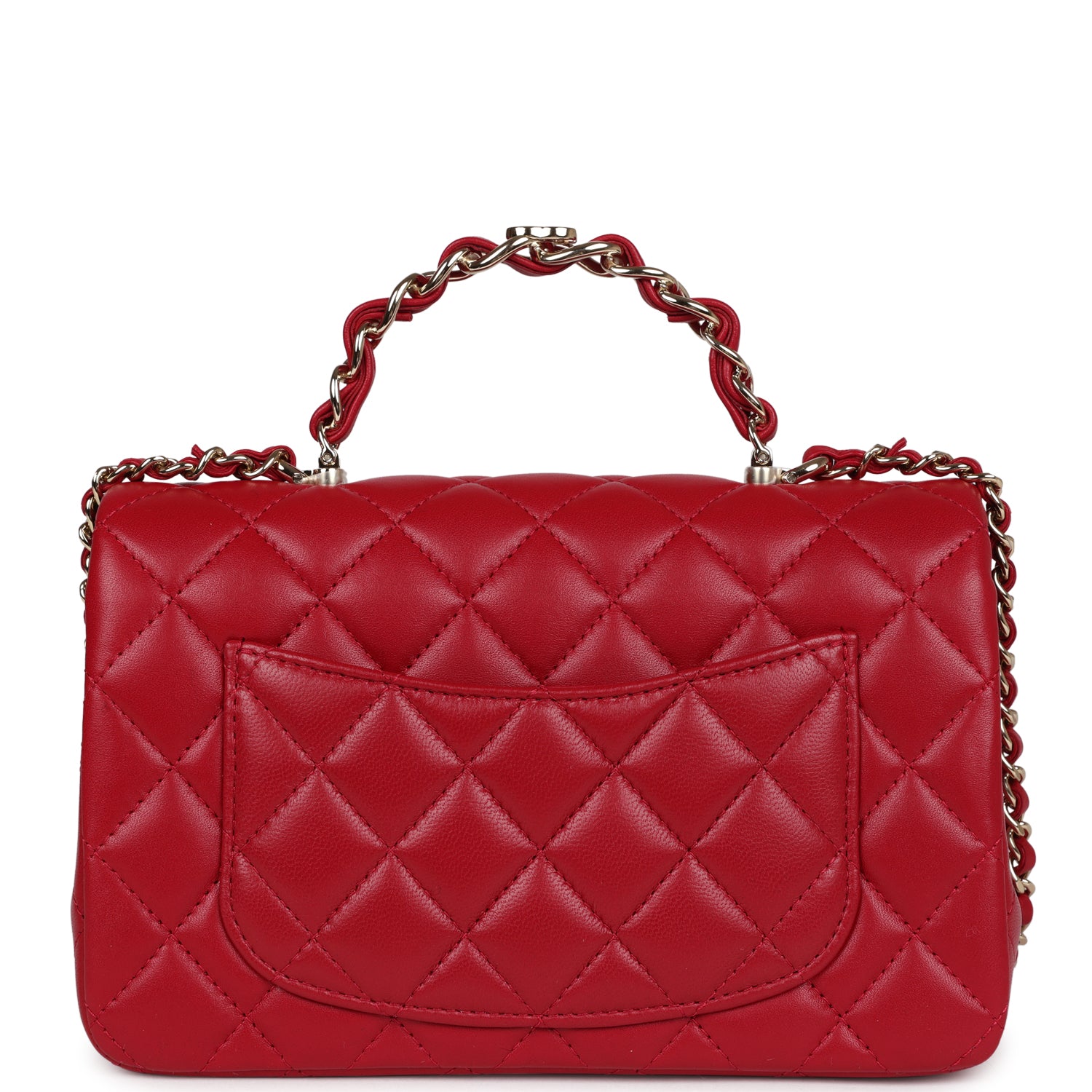 Chanel Mini Rectangular Flap Bag with Interwoven Top Handle Red Lambskin Light Gold Hardware