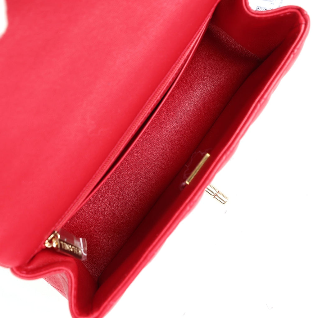 Chanel Mini Rectangular Flap Bag with Interwoven Top Handle Red Lambskin Light Gold Hardware