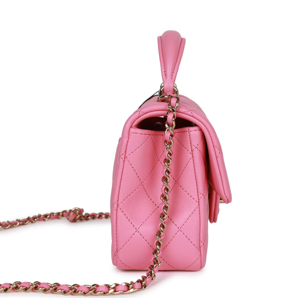 Chanel Rectangular Mini Flap Bag with Top Handle Pink Lambskin Light Gold Hardware