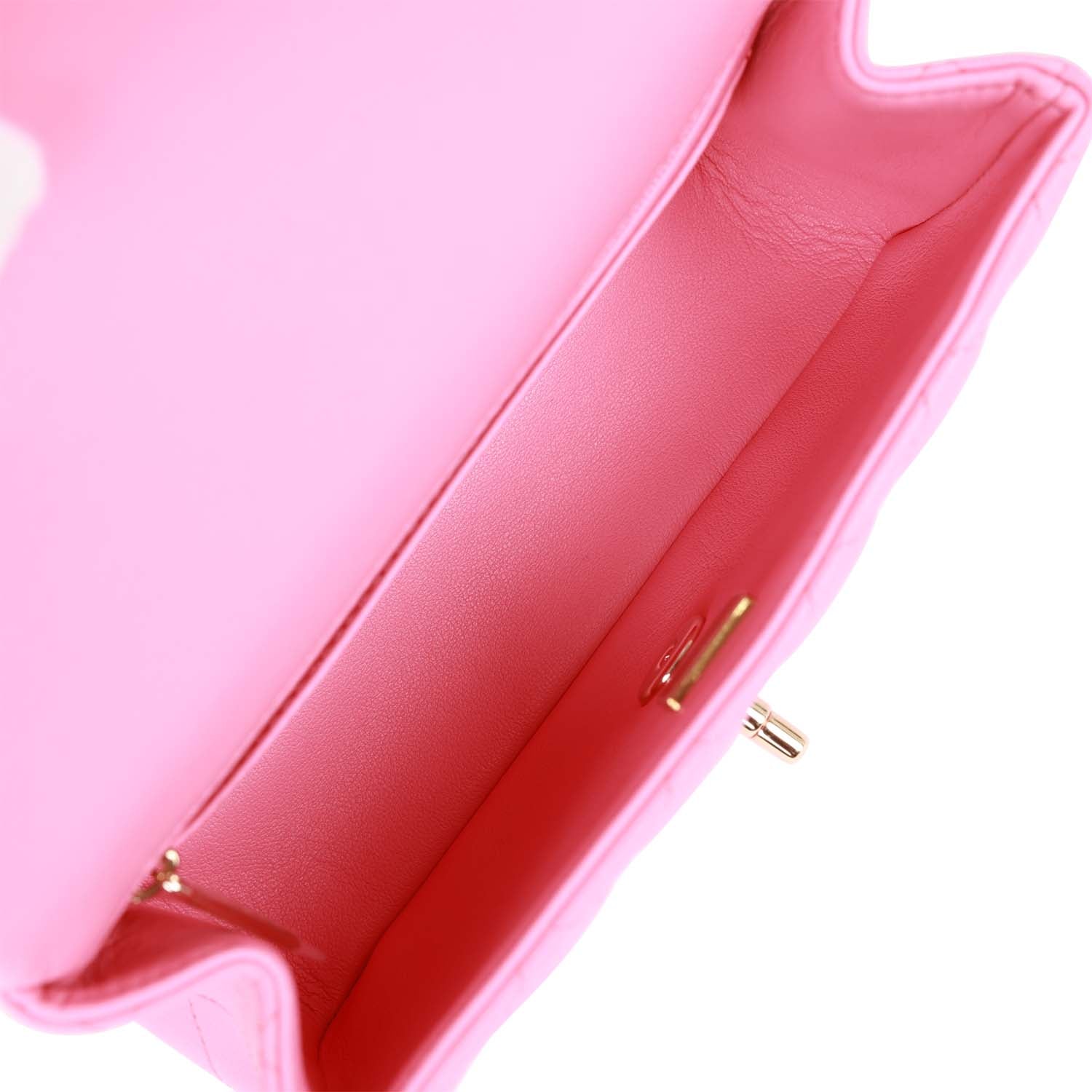 Chanel Rectangular Mini Flap Bag with Top Handle Pink Lambskin Light Gold Hardware