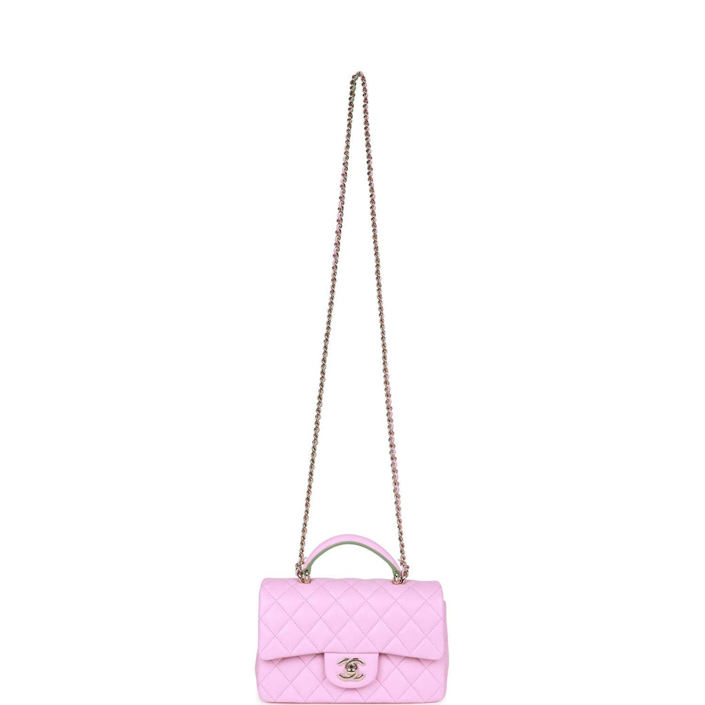 Chanel Mini Rectangular Flap with Top Handle Pink and Green Lambskin Light Gold Hardware