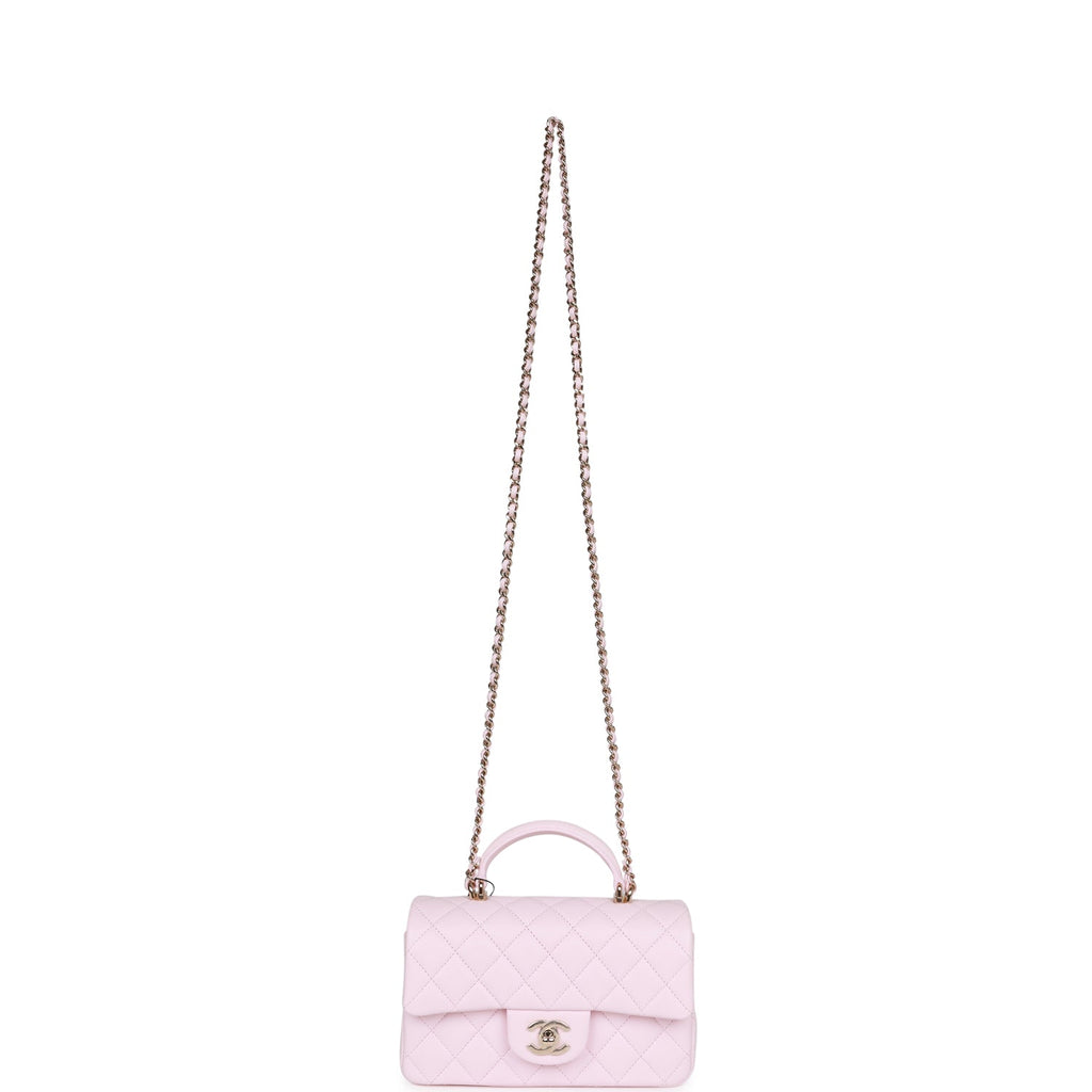 Chanel Mini Rectangular Flap Bag with Top Handle Light Pink Lambskin Light Gold Hardware