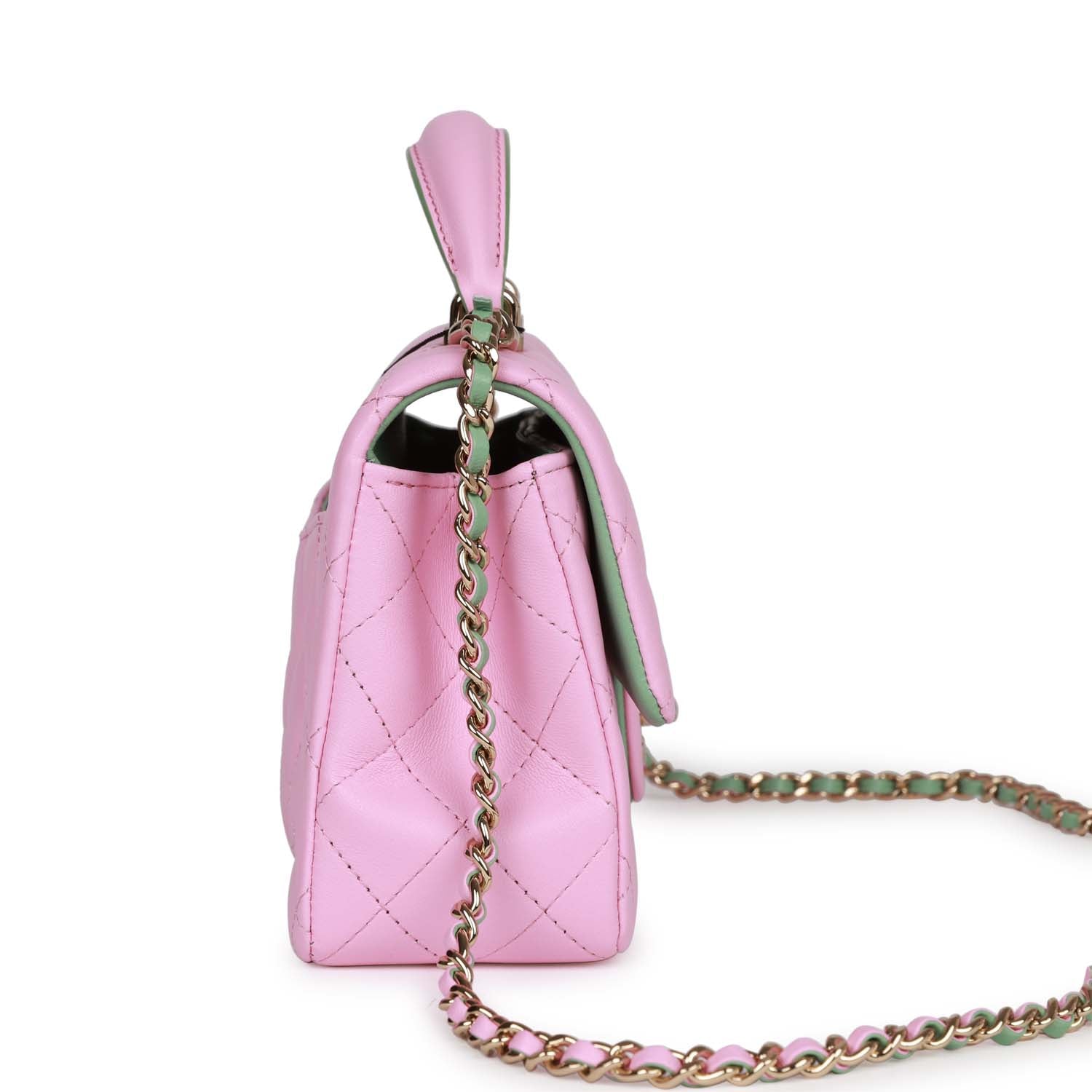 Chanel Mini Rectangular Flap with Top Handle Pink and Green Lambskin Light Gold Hardware