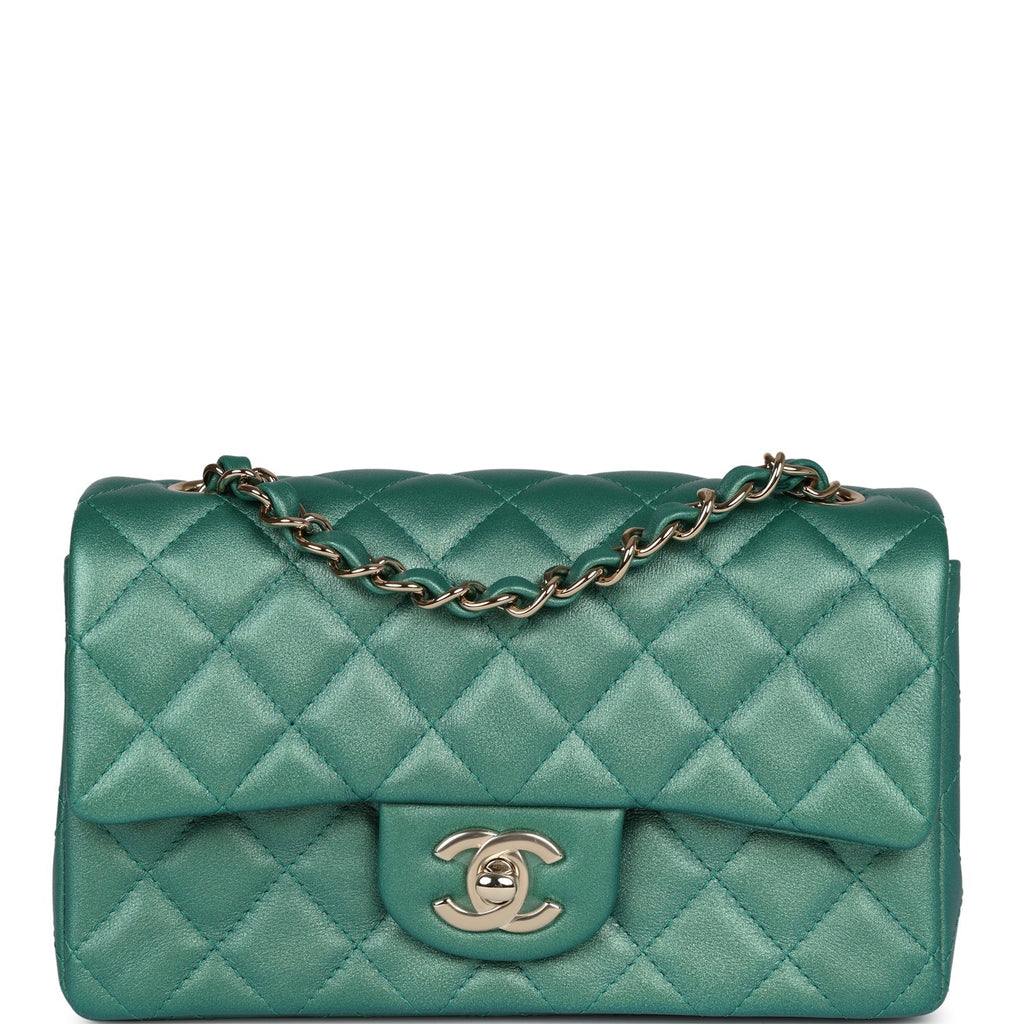 Chanel Mini Classic Rectangular Flap Iridescent Green Lambskin Light Gold Hardware