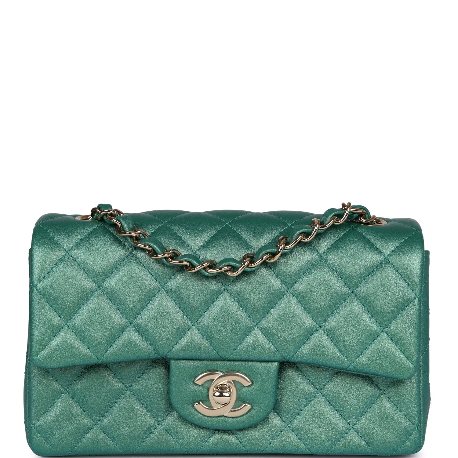 Chanel Mini Classic Rectangular Flap Iridescent Green Lambskin Light Gold Hardware