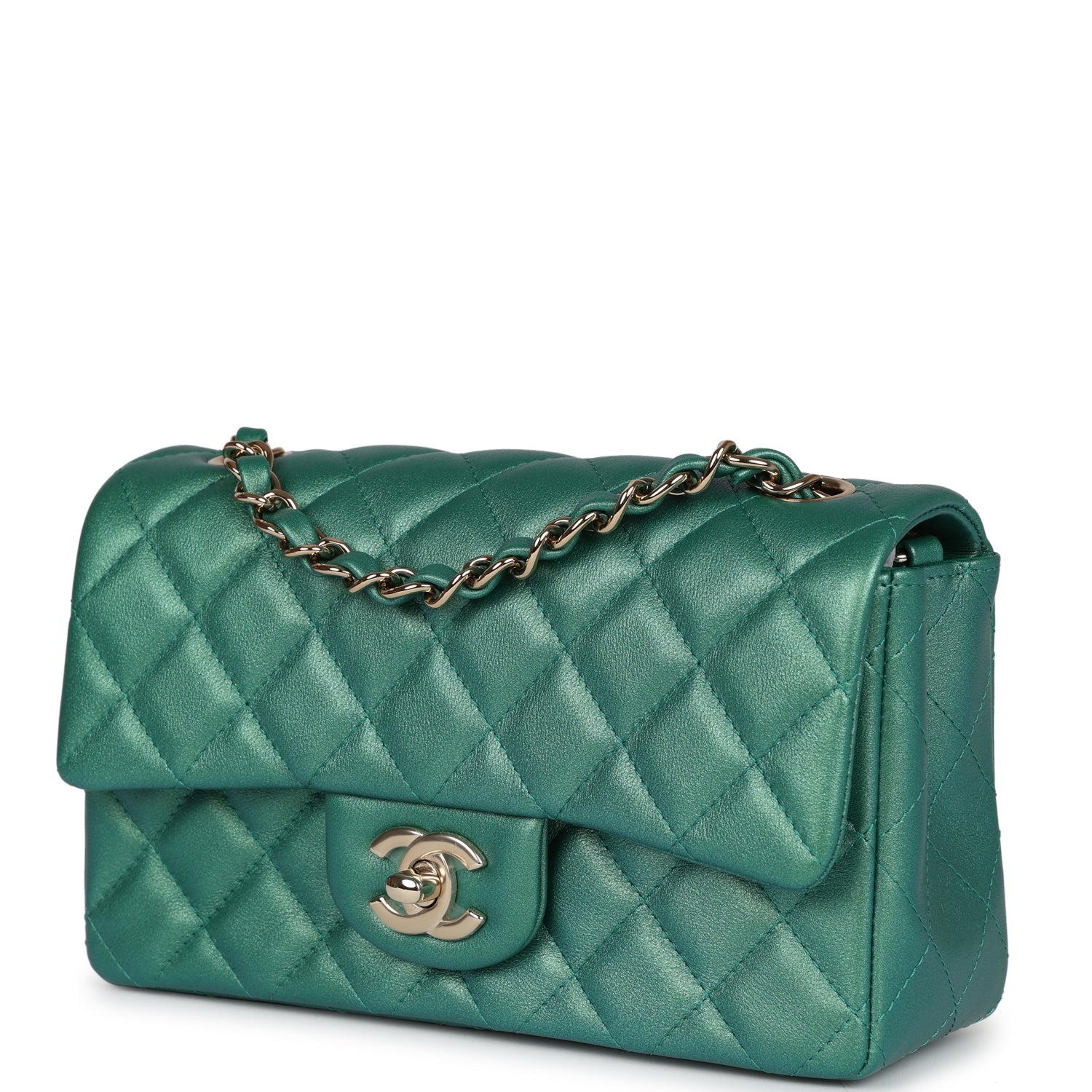 Chanel Mini Classic Rectangular Flap Iridescent Green Lambskin Light Gold Hardware