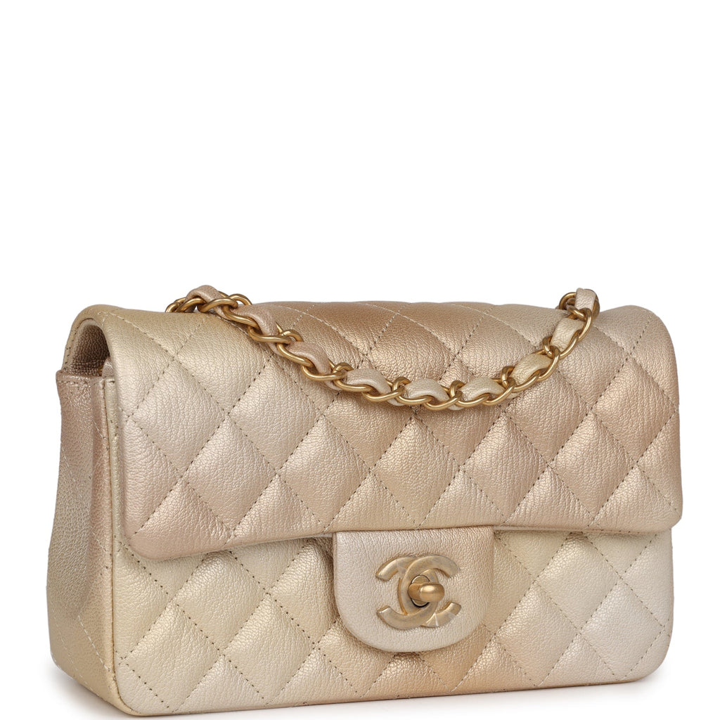 Chanel Mini Classic Rectangular Flap Iridescent Gold and Beige Ombre Chevre Aged Gold Hardware