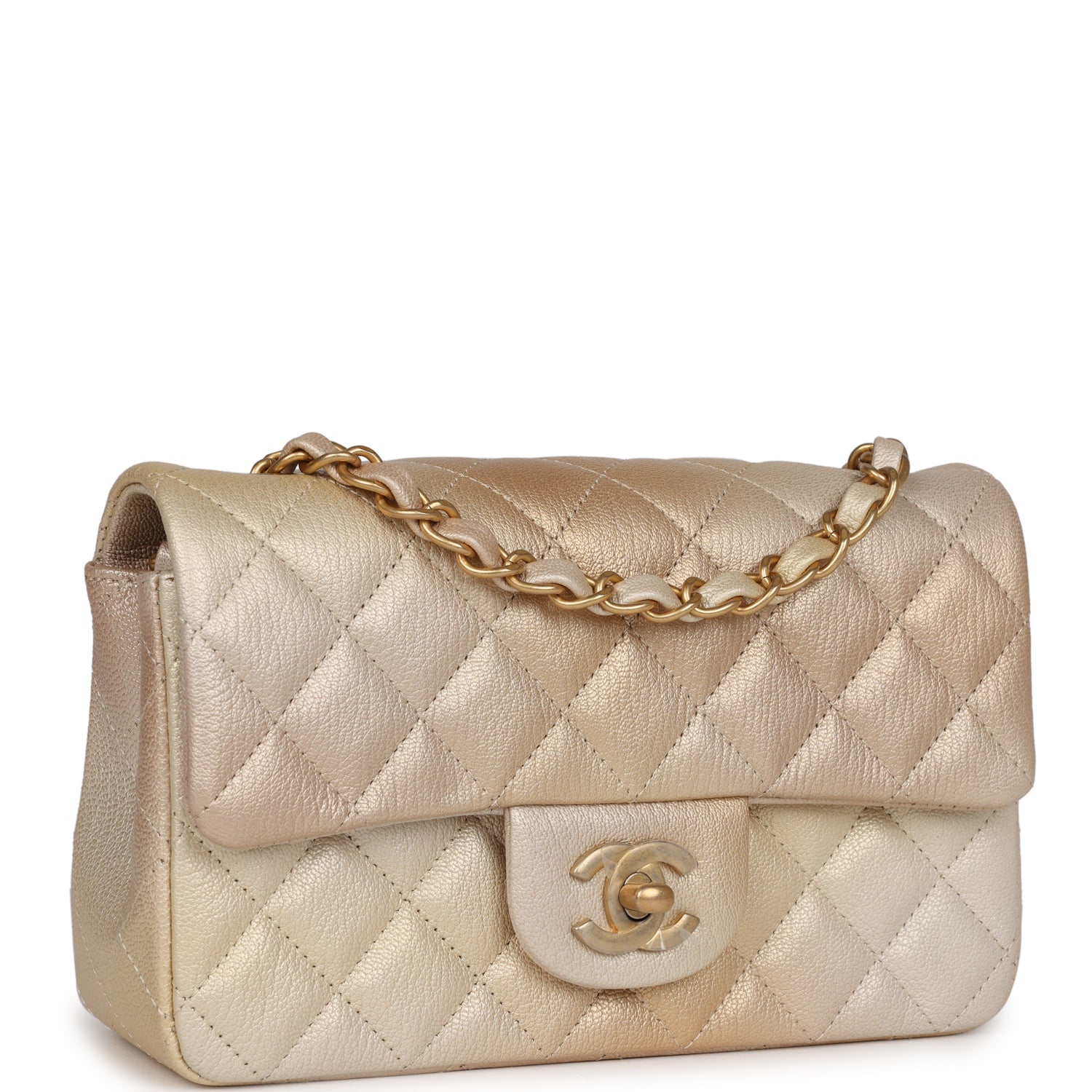 Chanel Mini Classic Rectangular Flap Iridescent Gold and Beige Ombre Chevre Aged Gold Hardware