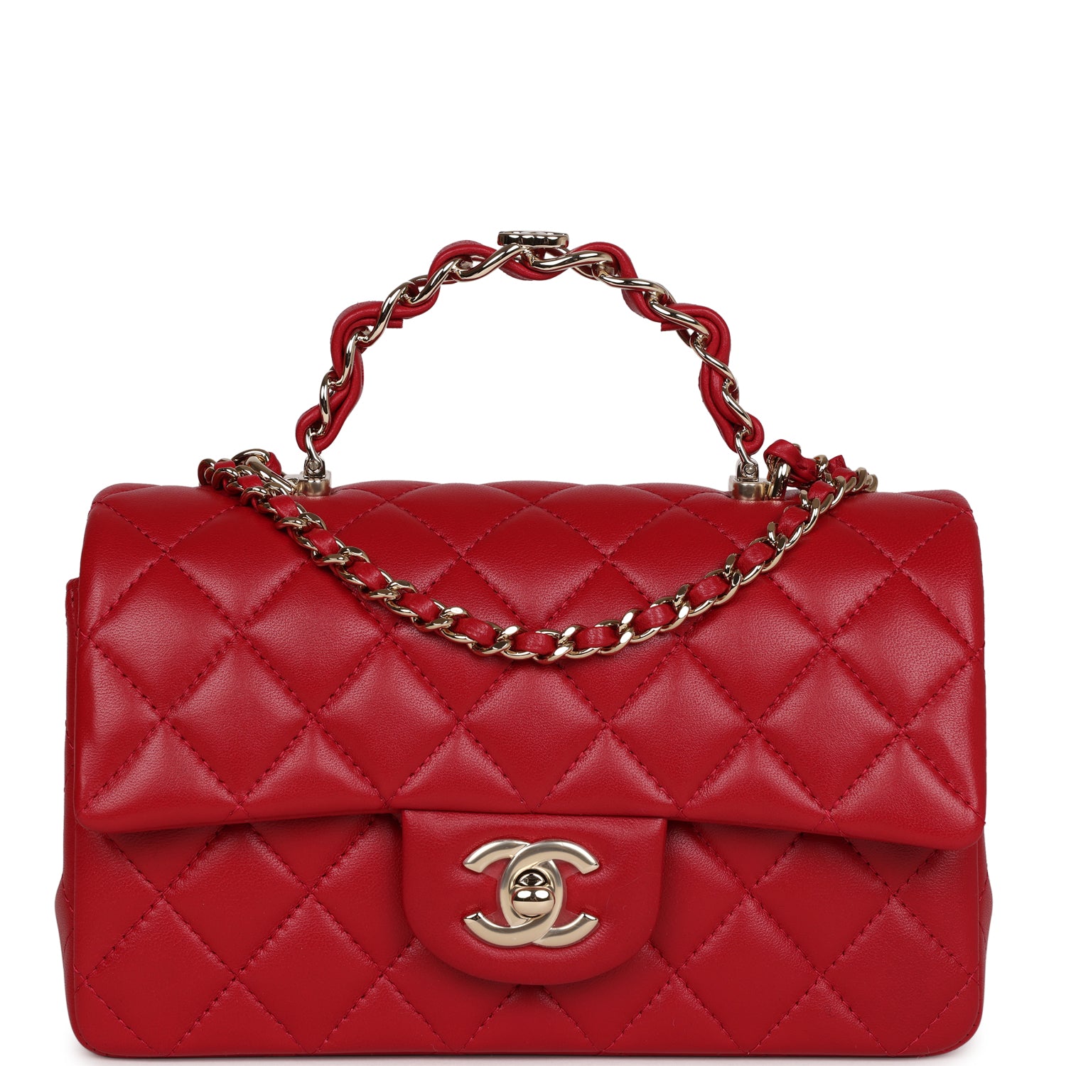 Chanel Mini Rectangular Flap with Top Handle Red Lambskin Light Gold Hardware