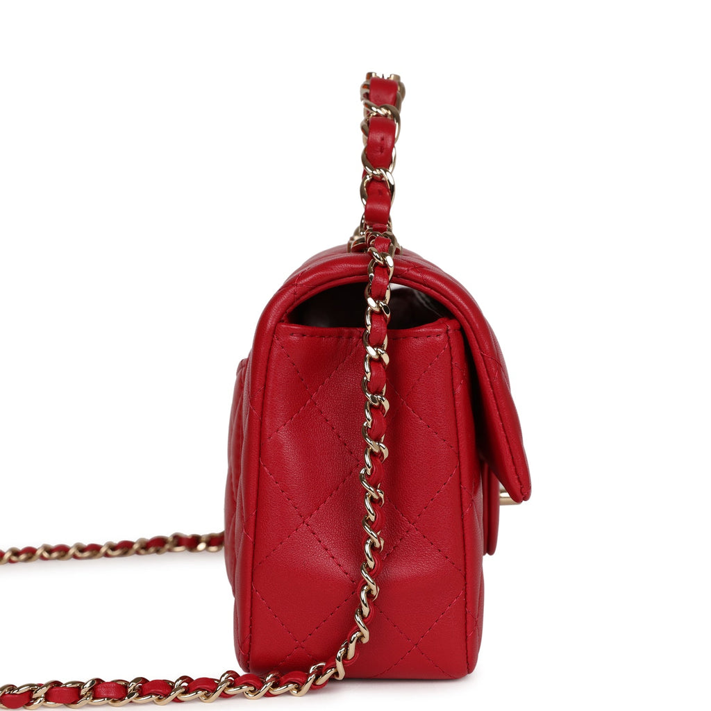 Chanel Mini Rectangular Flap with Top Handle Red Lambskin Light Gold Hardware