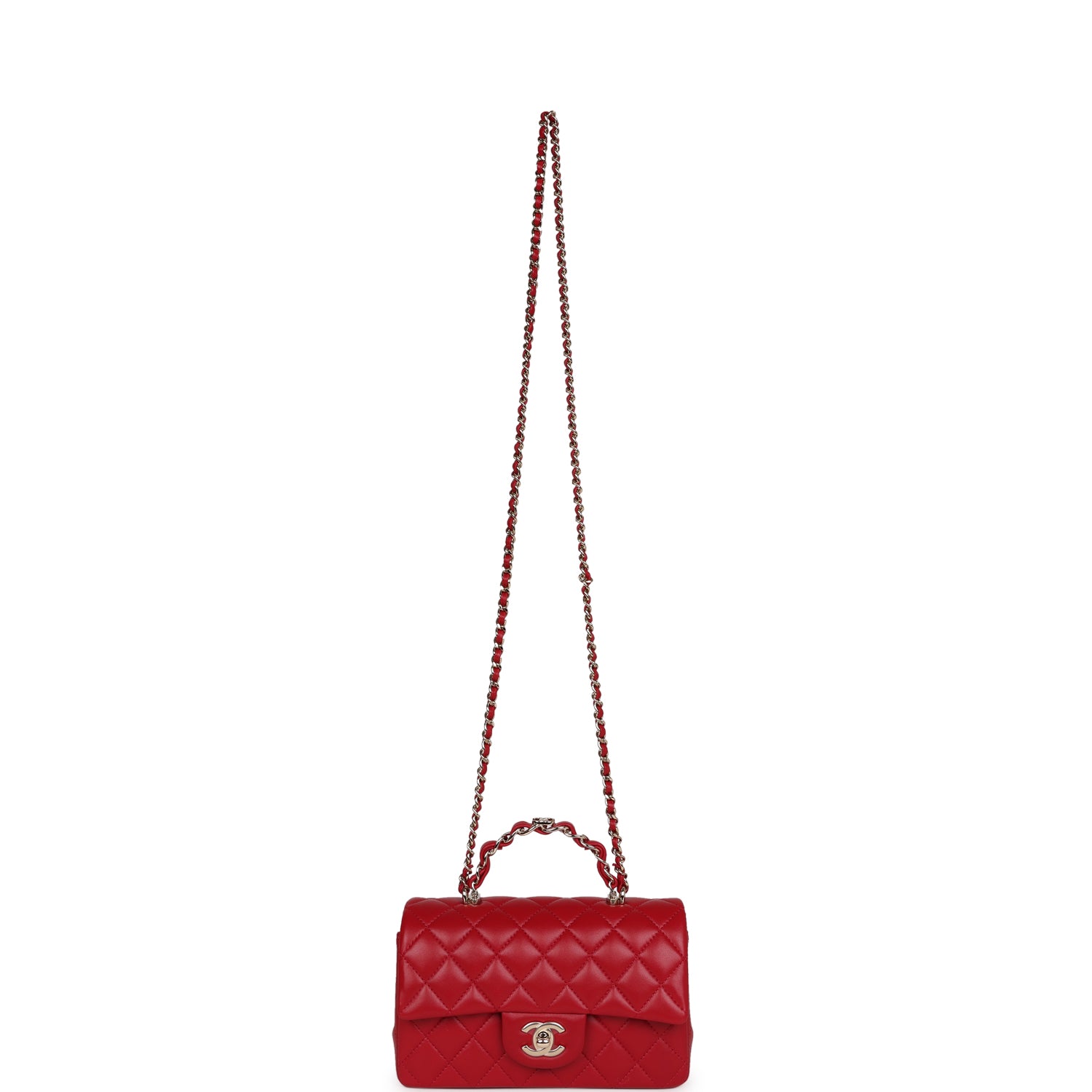 Chanel Mini Rectangular Flap with Top Handle Red Lambskin Light Gold Hardware