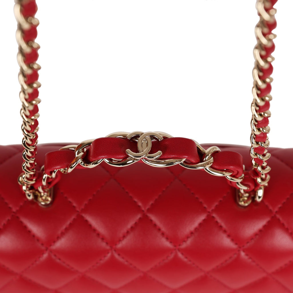 Chanel Mini Rectangular Flap with Top Handle Red Lambskin Light Gold Hardware