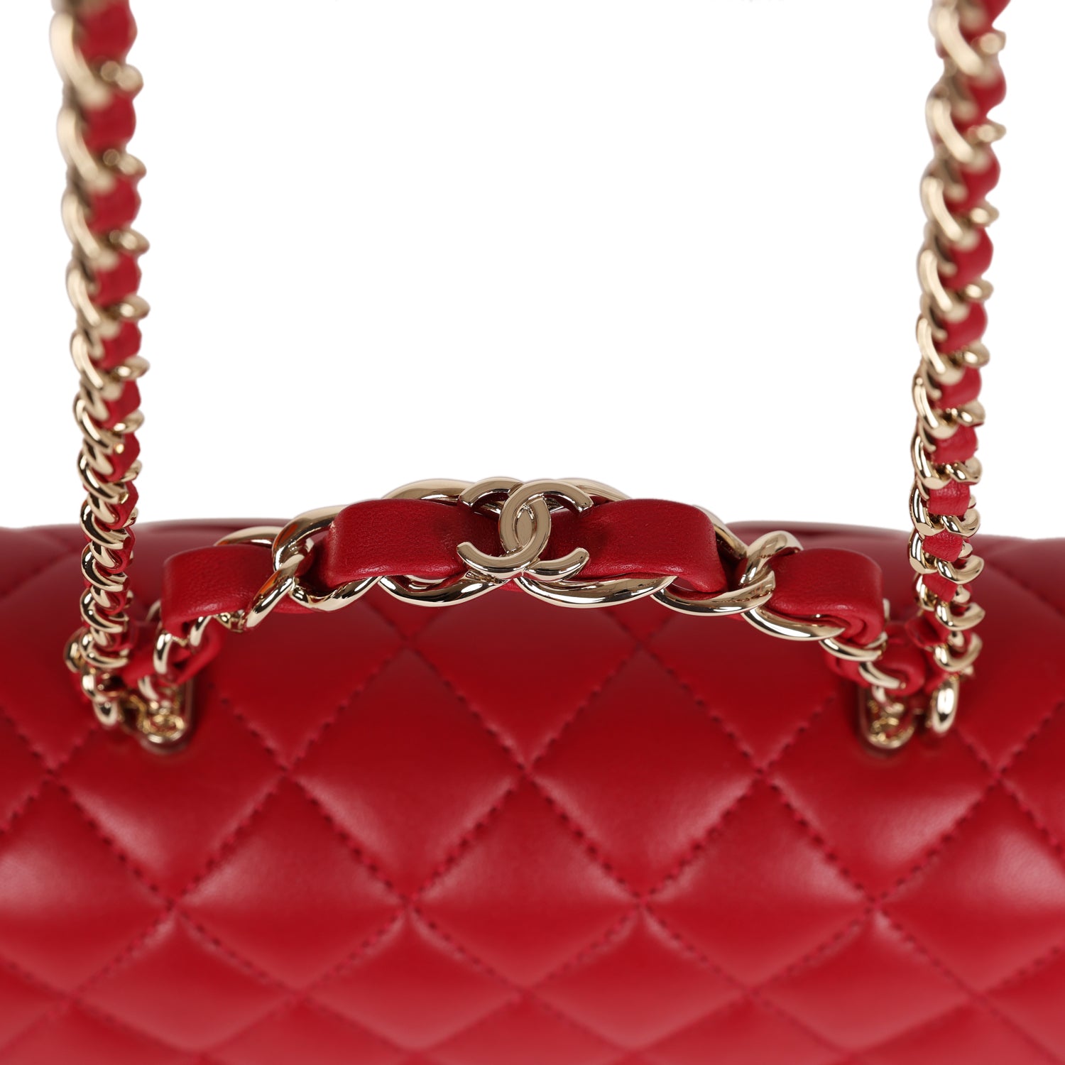 Chanel Mini Rectangular Flap with Top Handle Red Lambskin Light Gold Hardware