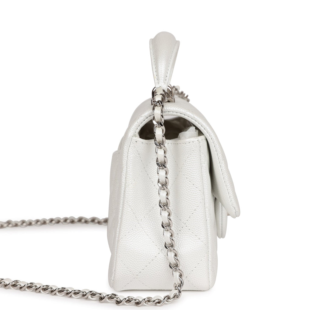 Chanel Mini Rectangular Top Handle Flap Bag White Iridescent Caviar Silver Hardware