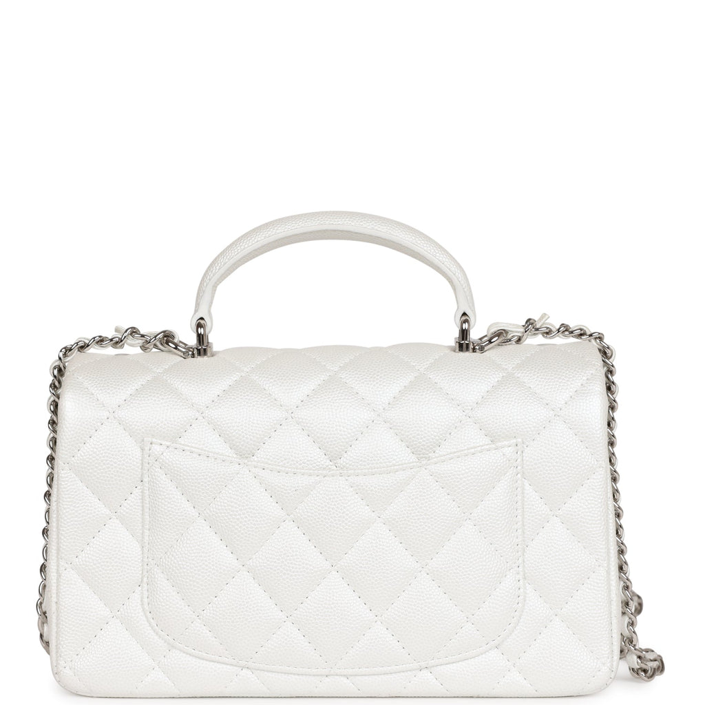 Chanel Mini Rectangular Top Handle Flap Bag White Iridescent Caviar Silver Hardware