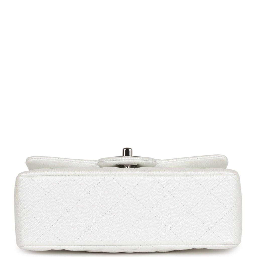 Chanel Mini Rectangular Top Handle Flap Bag White Iridescent Caviar Silver Hardware