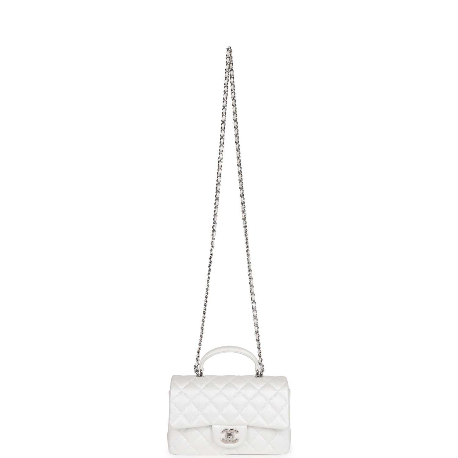 Chanel Mini Rectangular Top Handle Flap Bag White Iridescent Caviar Silver Hardware