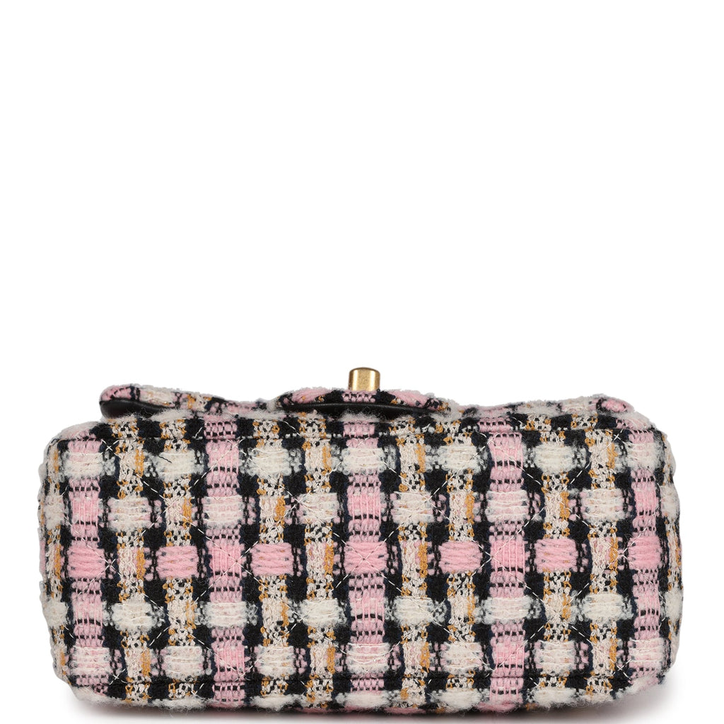 Chanel Pearl Crush Mini Square Flap Bag Pink and Black Tweed Antique Gold Hardware