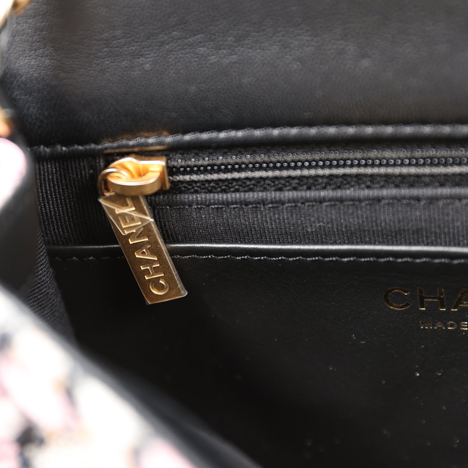 Chanel Pearl Crush Mini Square Flap Bag Pink and Black Tweed Antique Gold Hardware