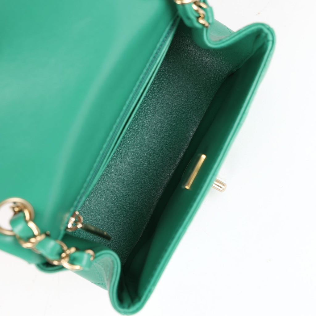 Chanel Mini Square Flap Bag Green Lambskin Gold Hardware