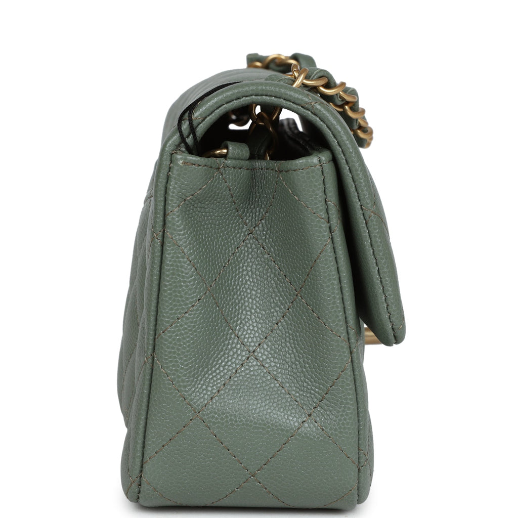 Chanel Mini Rectangular Flap Bag Olive Green Caviar Antique Gold Hardware