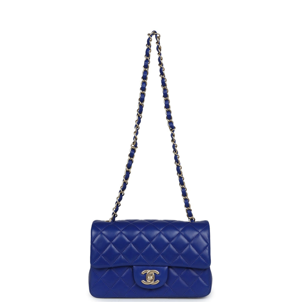 Chanel Mini Rectangular Flap Bag Dark Blue Lambskin Antique Gold Hardware