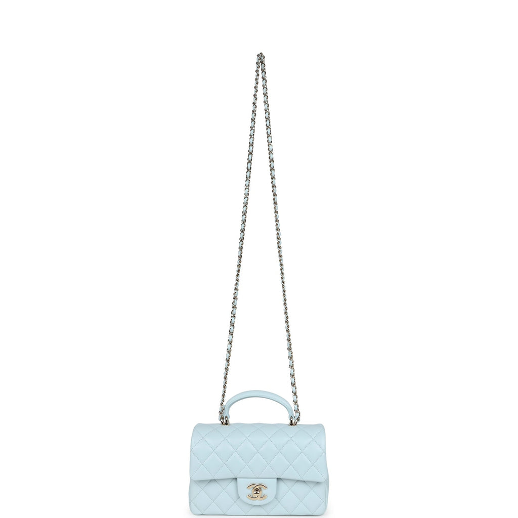 Chanel Mini Rectangular Flap with Top Handle Light Blue Lambskin Light Gold Hardware