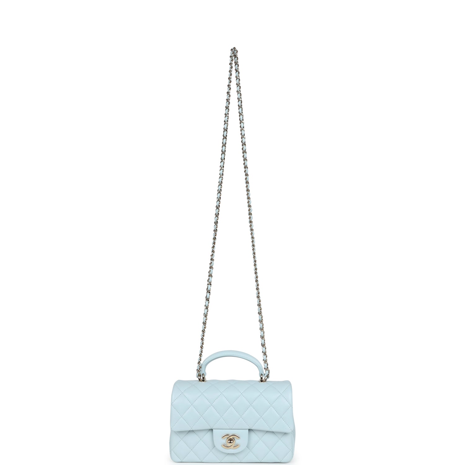 Chanel Mini Rectangular Flap with Top Handle Light Blue Lambskin Light Gold Hardware