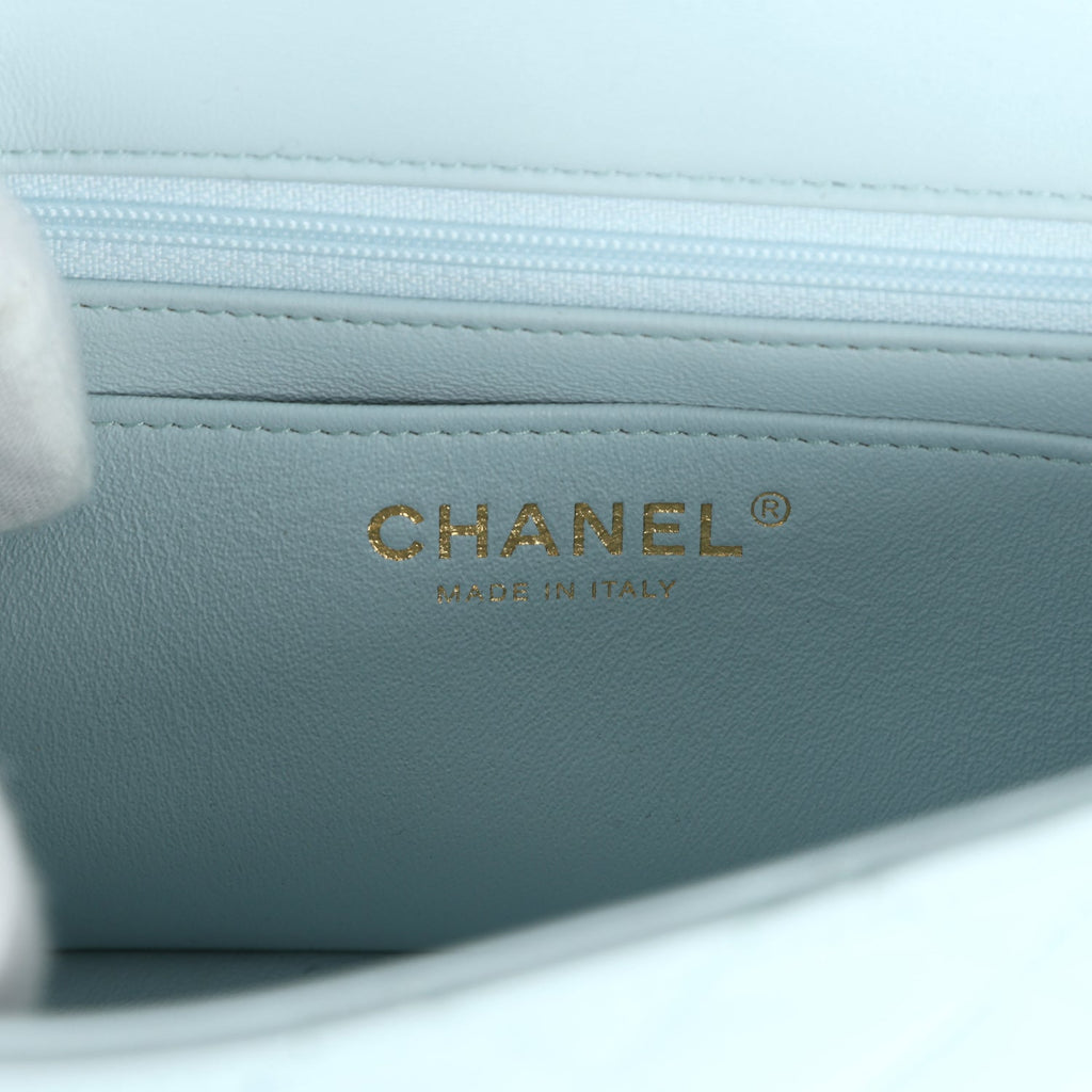 Chanel Mini Rectangular Flap with Top Handle Light Blue Lambskin Light Gold Hardware
